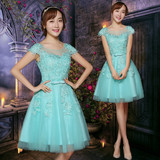 蓝色礼服短款晚装蓬蓬裙韩版绑带修身甜美公主新娘装伴娘礼服晚礼