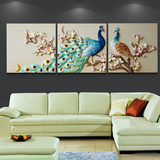 沙发背景墙客厅壁画立体三联现代中式浮雕挂画高档无框装饰画孔雀