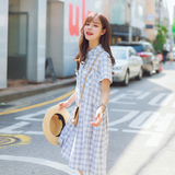 2016夏季韩国新款甜美学院风学生大摆立领短袖格子连衣裙中裙显瘦