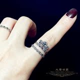 时尚 最新品 复古 银色 镶钻皇冠二戒组合戒指 女 指环 个性礼物