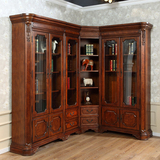 欧式古典书柜转角组合书柜 美式玻璃门书柜 中式实木书橱柜展示柜
