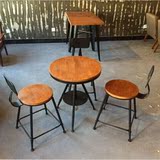 美式咖啡厅餐桌椅可升降实木茶几loft做旧圆桌复古吧台凳小圆桌椅