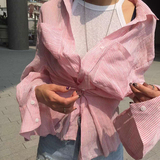 2016韩国代购东大门新款 条纹两穿喇叭袖衬衫 性感chic风防晒衫潮