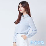 2016春季新款韩国套头欧根纱刺绣娃娃领长袖雪纺衫OL气质女衬衫