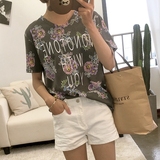 韩国东大门代购进口正品16夏新款显瘦花朵字母短袖T恤女上衣
