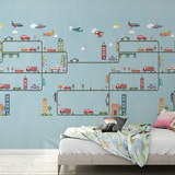 儿童房卧室背景墙手绘卡通轨道上的汽车无缝墙纸大型定制环保壁画