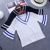 夏季新款韩版白色薄针织衫条纹v领五分袖T恤女甜美宽松喇叭袖上衣