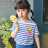 2016女童条纹短袖新款 韩国方领时尚休闲海魂衫T恤笑脸上衣