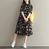 韩版女裙子夏季2016新款文艺复古气质连衣裙花柄印花收腰学生长裙
