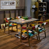 美式实木餐桌椅loft工业风复古做旧咖啡店主题西餐厅格子拼色椅子