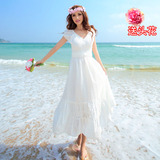 夏波西米亚长裙全棉白色连衣裙沙滩裙短袖拼接甜美女裝海边度假裙