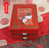 百年好合大红结婚木质首饰盒带镜梳妆盒新娘出嫁化妆盒结婚礼物