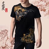 中国风男装短袖刺绣金龙虎霸气纹身大码男装半袖t恤弹力运动男装