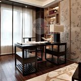 新中式禅意实木书桌 中式带抽屉黑色写字桌椅书柜书架组合办公桌