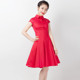 春装红色连衣裙短袖修身淑女衬衫裙 文艺复古中长款纯色学院裙子