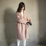 韩国代购系带中长款宽松廓形粉色手工双面羊绒大衣女毛羊毛呢外套