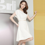 韩国代购连衣裙 白色气质优雅女装OL通勤新款夏季710无袖腰带修身