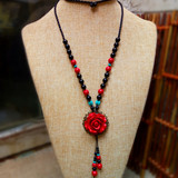 民族风毛衣链 漆雕玫瑰花项链  立体红色花朵挂饰品长款手工编织