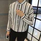 2016秋装新款 男装 韩国东大门理发师林弯弯 条纹长袖衬衫