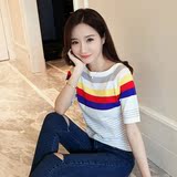 棽婵-fo85 新款2016夏装韩版女装一字领彩色条纹修身针织T恤H-04