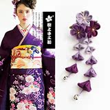 日本古和风汉和服浴衣流苏铃铛步摇花朵簇发饰顶边夹卡深紫色现货
