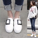 实物拍韩国女鞋正品代购16春黑白大皮带扣松糕厚底中跟一脚蹬单鞋