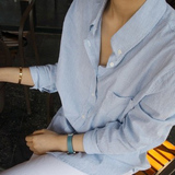 2016春季新款韩版竖条纹长袖衬衫女中长款宽松显瘦蓝白细条纹衬衣