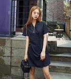 韩国 学院复古条纹双排扣短袖西装领连衣裙の性感V领ol衬衫连衣裙