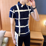 2016夏季新款时尚潮男个性男潮印花衬衫韩版修身短袖衬衫男装上衣