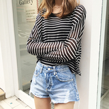 韩国2016新款夏季女装百搭细条纹宽松大码蝙蝠袖长袖防晒罩衫T恤