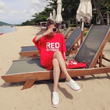 2016夏装新款女装韩版中长款短袖宽松大T恤韩国原宿bf风红色潮流