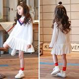 韩版童装女童英伦风长袖连衣裙 儿童假两件学院风童裙V领显瘦裙