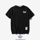 2016夏装新款日系青少年卡通刺绣圆领短袖T恤男士猫咪休闲打底衫