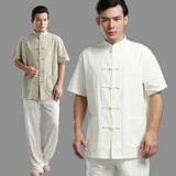 夏新款男装竹节棉麻料大码衬衫对襟短袖透气中式复古盘扣爸爸上衣