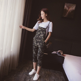 DHR夏季新款2016韩版迷彩背带裤套装女宽松纯色短袖T恤长裤两件套