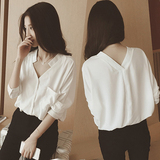 2016春装新款韩范学院风白色衬衫女 宽松蝙蝠袖V领气质时尚衬衣潮