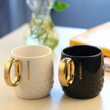 金手柄星巴克杯陶瓷杯子 创意水杯时尚咖啡马克杯带盖勺 情侣对杯