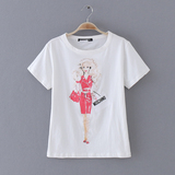E17-4 外贸女装 夏季新款百搭印花图案纯色圆领修身短袖女式T恤