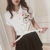 韩范女装学生棉麻衬衫女式夏季短袖卡通刺绣百搭亚麻上衣女衬衣潮