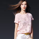 尚古主义新款品牌女装镂空圆领粉色t恤女短袖夏装百搭显瘦女上衣