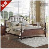 美式实木床 欧式双人床 法式全实木立柱大床 卧室古典拉扣布艺床