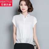有领短袖t恤衣服女夏装2016新款潮 白色韩版性感显瘦带领v领衬衫