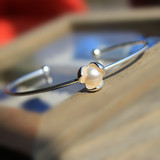独家设计手工925纯银 珍珠手镯 复古女款细手环 韩版开口花朵手圈