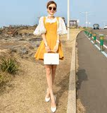 韩国夏季新款镂空蕾丝花朵喇叭袖衬衫修身背带裙连衣裙两件套装