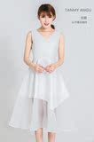 糖力2016夏装新款欧美 白色简约网格修身显瘦V领无袖连衣裙