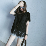 LEXIXIXI原创设计镂空3D睫毛边蕾丝透视上衣黑色双层短袖T恤夏季