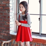 韩国女童装背带连衣裙秋条纹拼接假两件儿童娃娃领学院风公主裙子