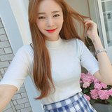 韩国夏季新款半高领中袖T恤女纯棉修身打底衫五分袖紧身上衣半袖