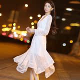 2016春季新款长袖韩版修身蕾丝镂空白色连衣裙甜美仙女公主裙女潮