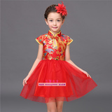 中国风红色旗袍蓬蓬纱裙六一儿童演出服女童夏季幼儿舞蹈表演纱裙